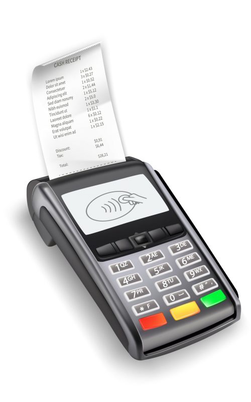 Payment terminal machine for credit cards with cash receipts set. Two electronic wireless readers for purchases, contactless technology for transactions isolated on white.